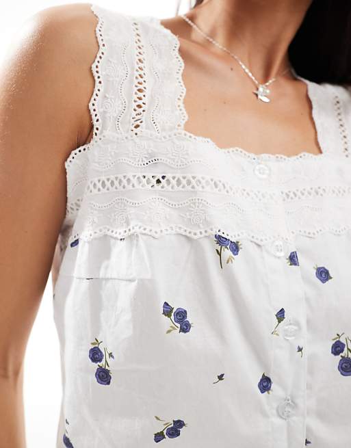 Daisy Street Pyjama Cami Top With Lace Detail In Lilac Berry Print