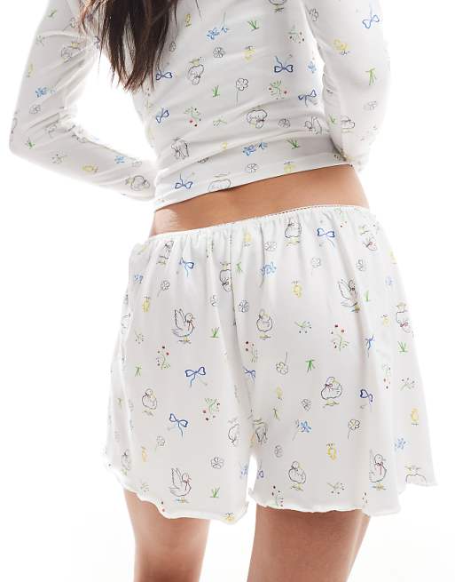 Daisy Street Pyjama Shorts With Bow Graphic Detail In White