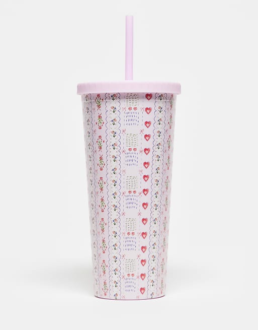 Daisy Street re-usable drinking cup and straw in pink wallpaper
