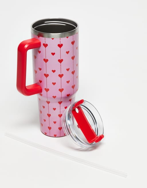 Daisy Street Re-usable Drinking Cup In Pink Heart Print