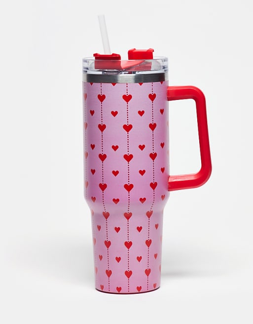 Daisy Street re-usable drinking cup in pink heart print