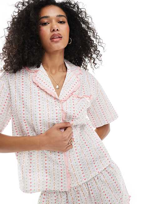 Daisy Street Ruffle Hem Matching Shirt And Short Pyjama Set In Floral Print