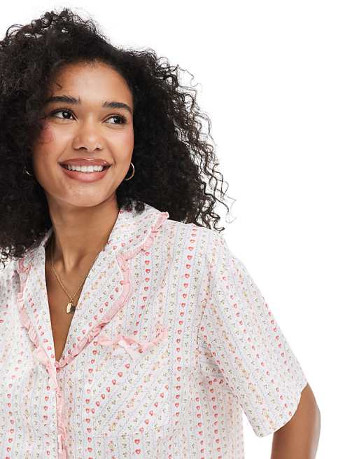 Daisy Street Ruffle Hem Matching Shirt And Short Pyjama Set In Floral Print
