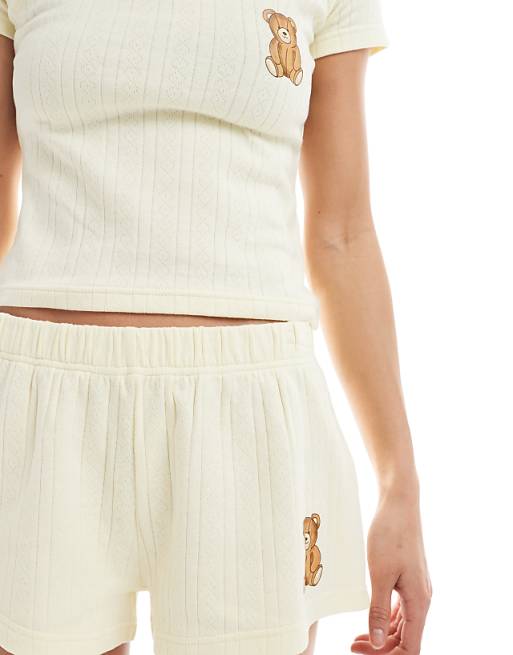 Daisy Street Scoop Top And Shorts Pyjama Set With Bear Graphic In Buttermilk Yellow