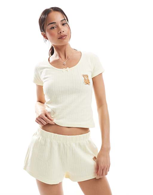 Daisy Street Scoop Top And Shorts Pyjama Set With Bear Graphic In Buttermilk Yellow