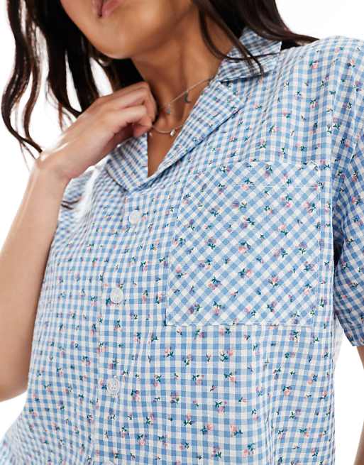 Daisy Street Short Sleeve Gingham Pyjama Shirt With Floral Detail In Blue