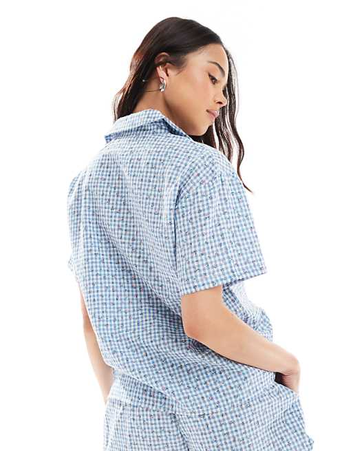 Daisy Street Short Sleeve Gingham Pyjama Shirt With Floral Detail In Blue