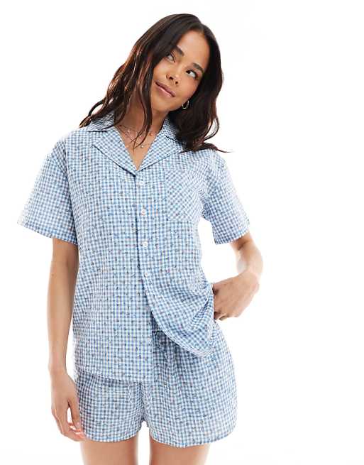 Daisy Street short sleeve gingham pyjama shirt with floral detail in blue