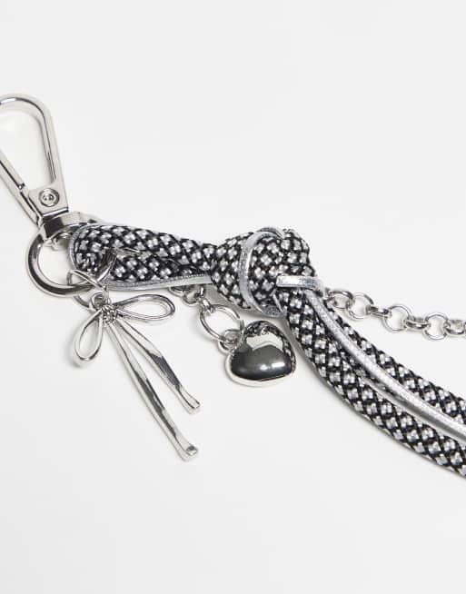 DesignB London Bungee Cord And Heart Bag Charm In Black And White Polka Dot