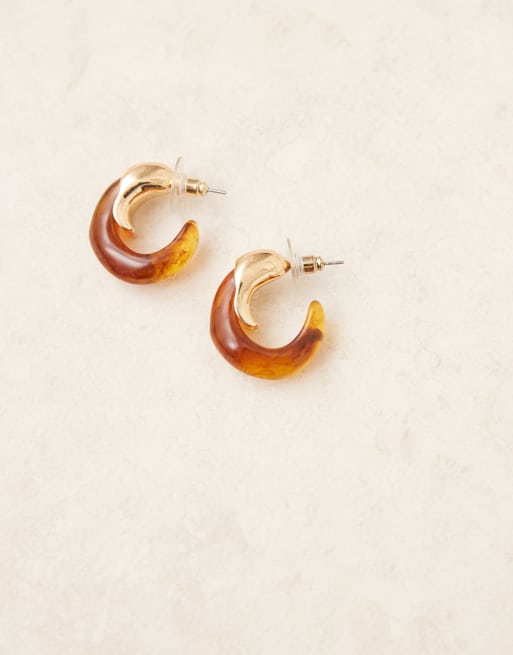 DesignB London Chunky Resin Hoop Earrings In Brown And Molten Gold