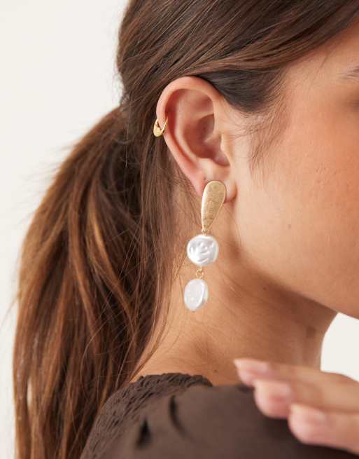 DesignB London Double Pearl Drop Stud Earrings In Brushed Gold