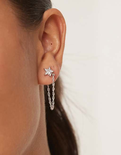 DesignB London drop hair star stud earrings in silver