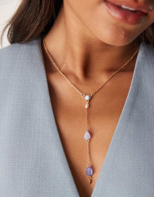 DesignB London fine lariat necklace with blue stones in gold