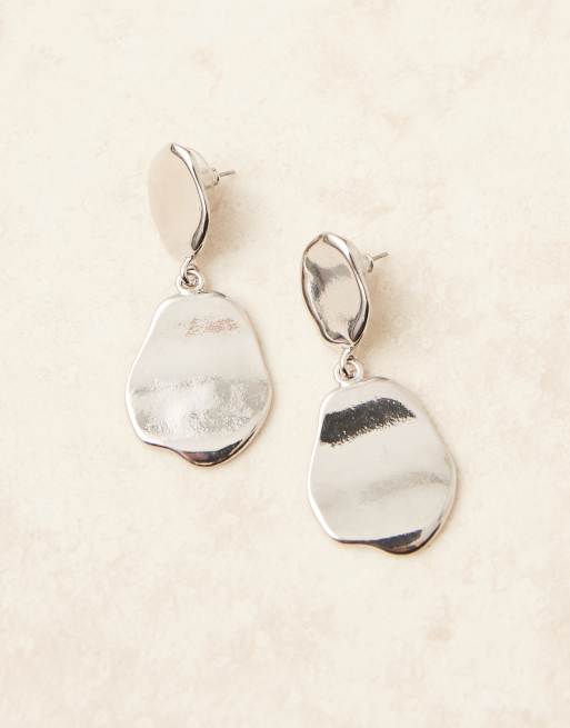 DesignB London Flat Molten Drop Stud Earrings In Silver