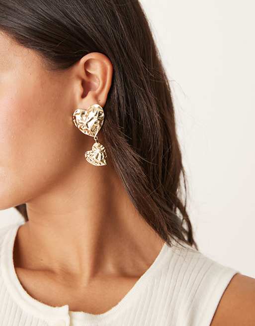 DesignB London hammered boho heart drop earrings in gold