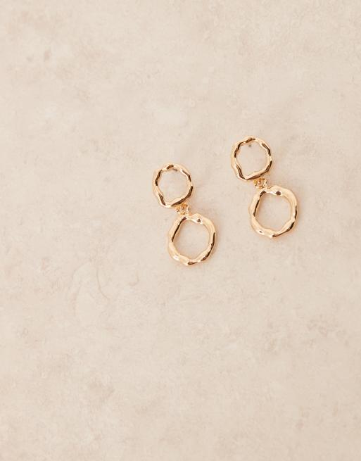 DesignB London Molten Hammered Double Hoop Stud Earrings In Gold