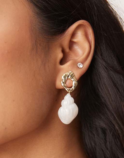 DesignB London Molten Oval Stud Earrings With Drop Shell In Gold