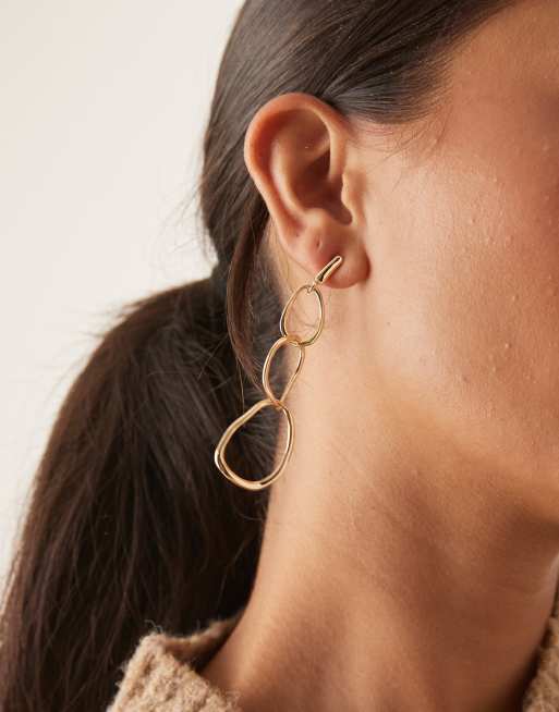 DesignB London Molten Triple Link Drop Earrings In Gold