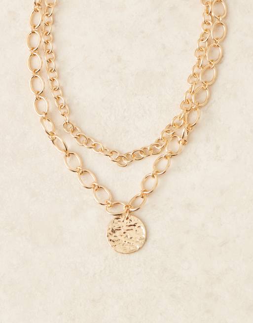 DesignB London Multi Chain Necklace In Hammered Gold