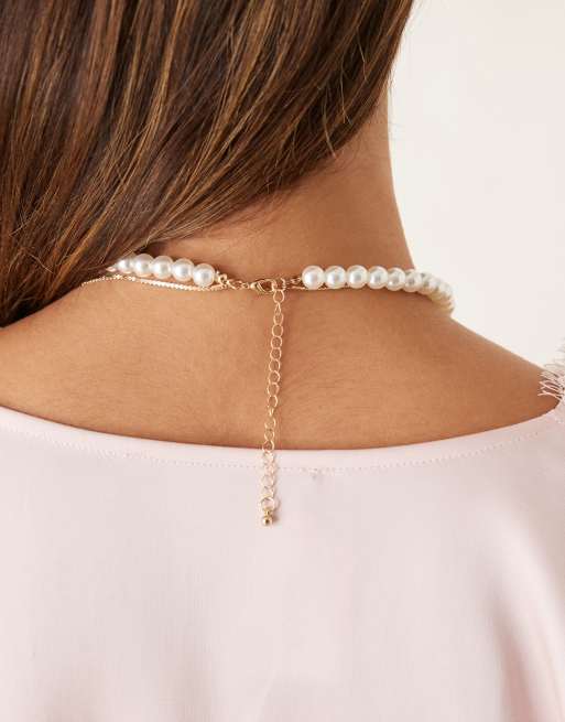 DesignB London Multirow Pearl And Pendant Necklace In Gold