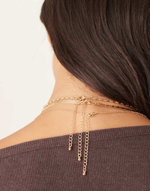 DesignB London Multirow Snake Chain And Pearl Pendant Necklace In Gold