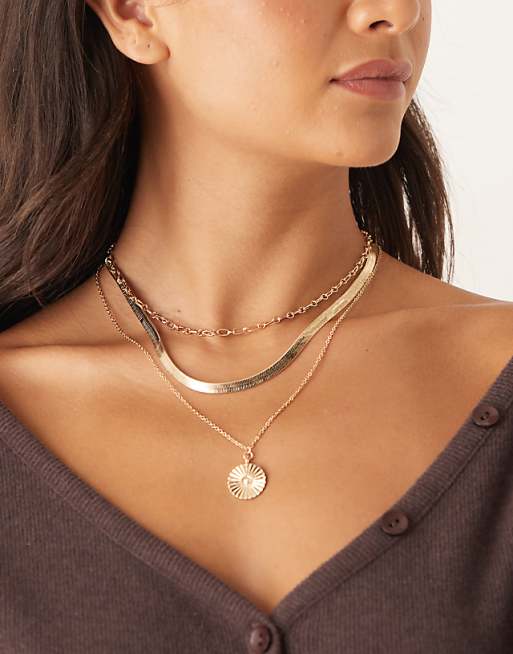 DesignB London multirow snake chain and pearl pendant necklace in gold