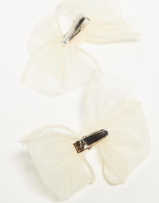 DesignB London Pack Of 2 Organza Mini Hair Bows In Cream