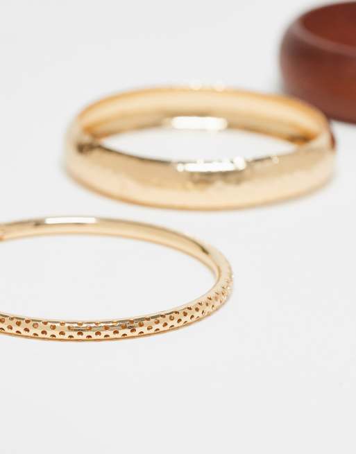 DesignB London Pack Of 3 Bangles In Dark Brown Wood And Gold