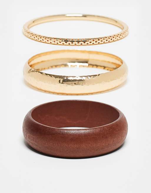 DesignB London pack of 3 bangles in dark brown wood and gold