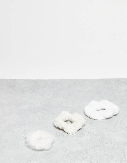 DesignB London pack of 3 faux fur hair scrunchies in winter whites
