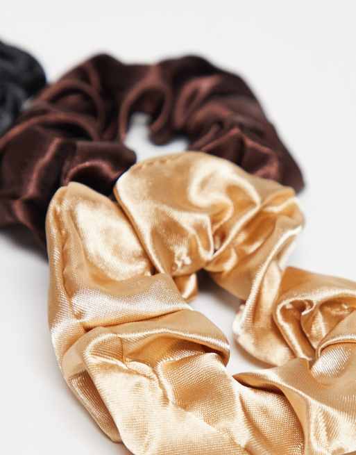 DesignB London Pack Of 3 Satin Hair Scrunchies In Cool Neutrals