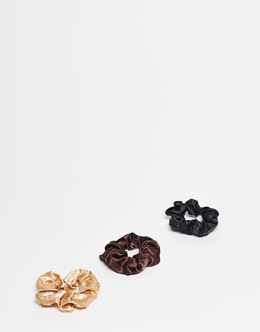 DesignB London pack of 3 satin hair scrunchies in cool neutrals