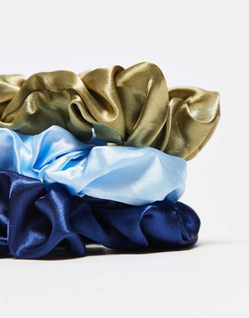 DesignB London Pack Of 3 Satin Hair Scrunchies In Blue And Green