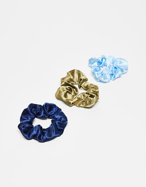 DesignB London pack of 3 satin hair scrunchies in blue and green