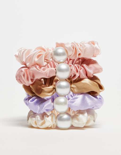 DesignB London Pack Of 5 Mini Ruched Scrunchies With Pearl Detail In Neutral