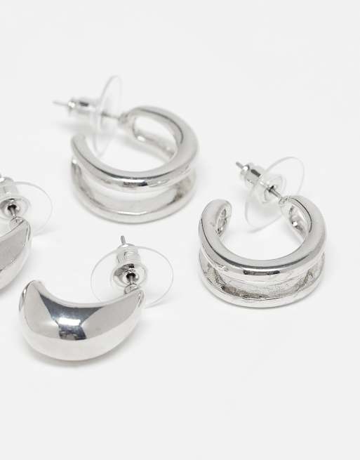 DesignB London Pack Of Two Layered Hoop And Teardrop Earrings In Silver