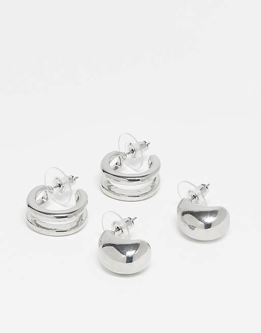DesignB London pack of two layered hoop and teardrop earrings in silver