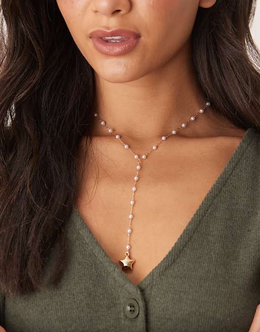 DesignB London pearl lariat necklace with star pendant in gold