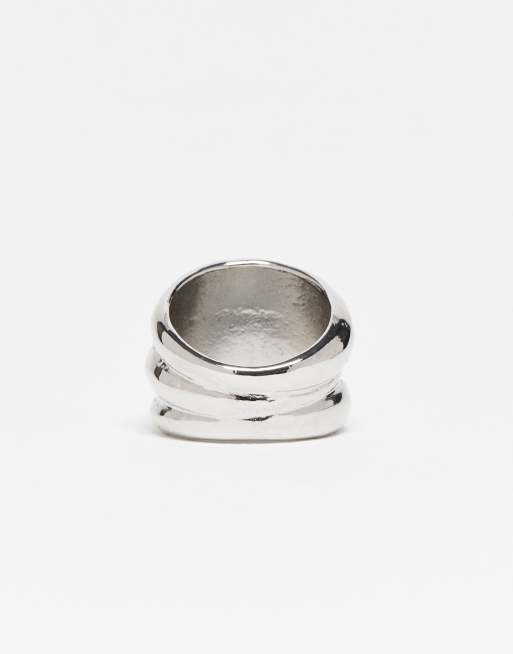 DesignB London Ridged Chunky Ring In Silver