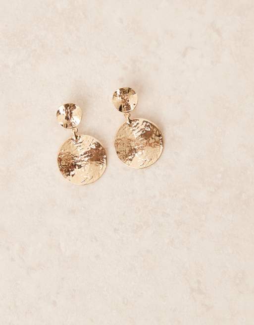 DesignB London Statement Hammered Drop Earrings In Gold