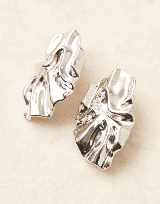 DesignB London Statement Molten Stud Earrings In Silver