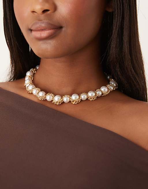 DesignB London statement twisted pearl necklace in gold