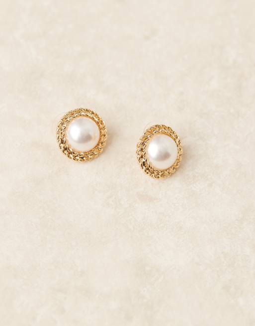 DesignB London Vintage Style Rope Twist Earrings With Pearl In Gold