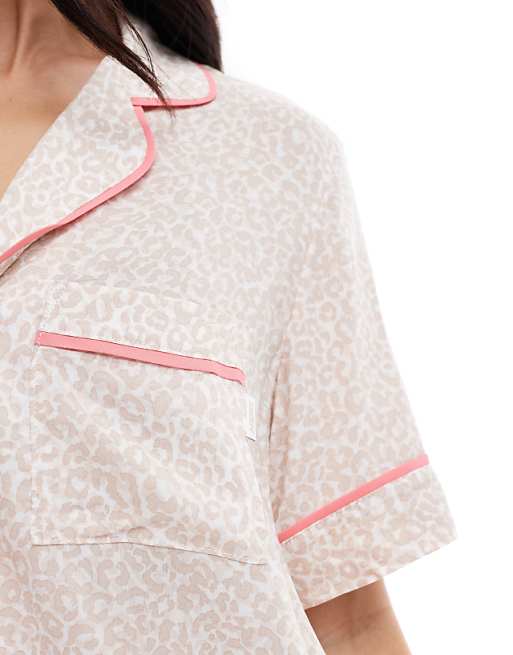 DKNY Breezing Through Short Sleeve Notch Top & Boxer Sleep Set In Suede Leopard Print - BEIGE