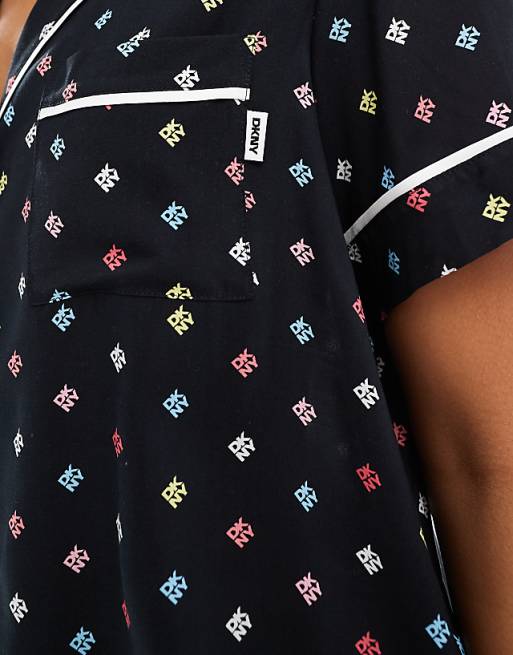 DKNY Breezing Through Short Sleeve Notch Top & Boxer Sleep Set In Black Logo