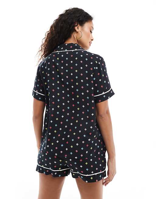 DKNY Breezing Through Short Sleeve Notch Top & Boxer Sleep Set In Black Logo