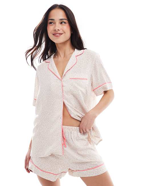 DKNY Breezing through short sleeve notch top & boxer sleep set in suede leopard print - BEIGE