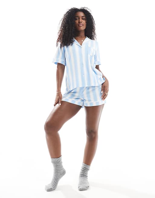 DKNY Brighten Your Day Short Sleeve Notch Top & Boxer Sleep Set In White & Blue