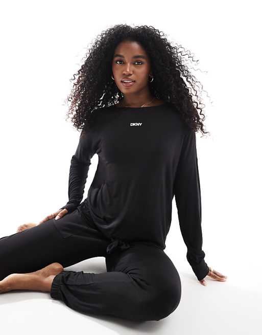 DKNY Fits the vibe long sleeve top & jogger sleep set in black