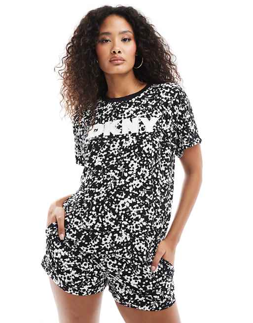 DKNY Fits The Vibe Short Sleee Top & Boxer Sleep Set In Black Floral